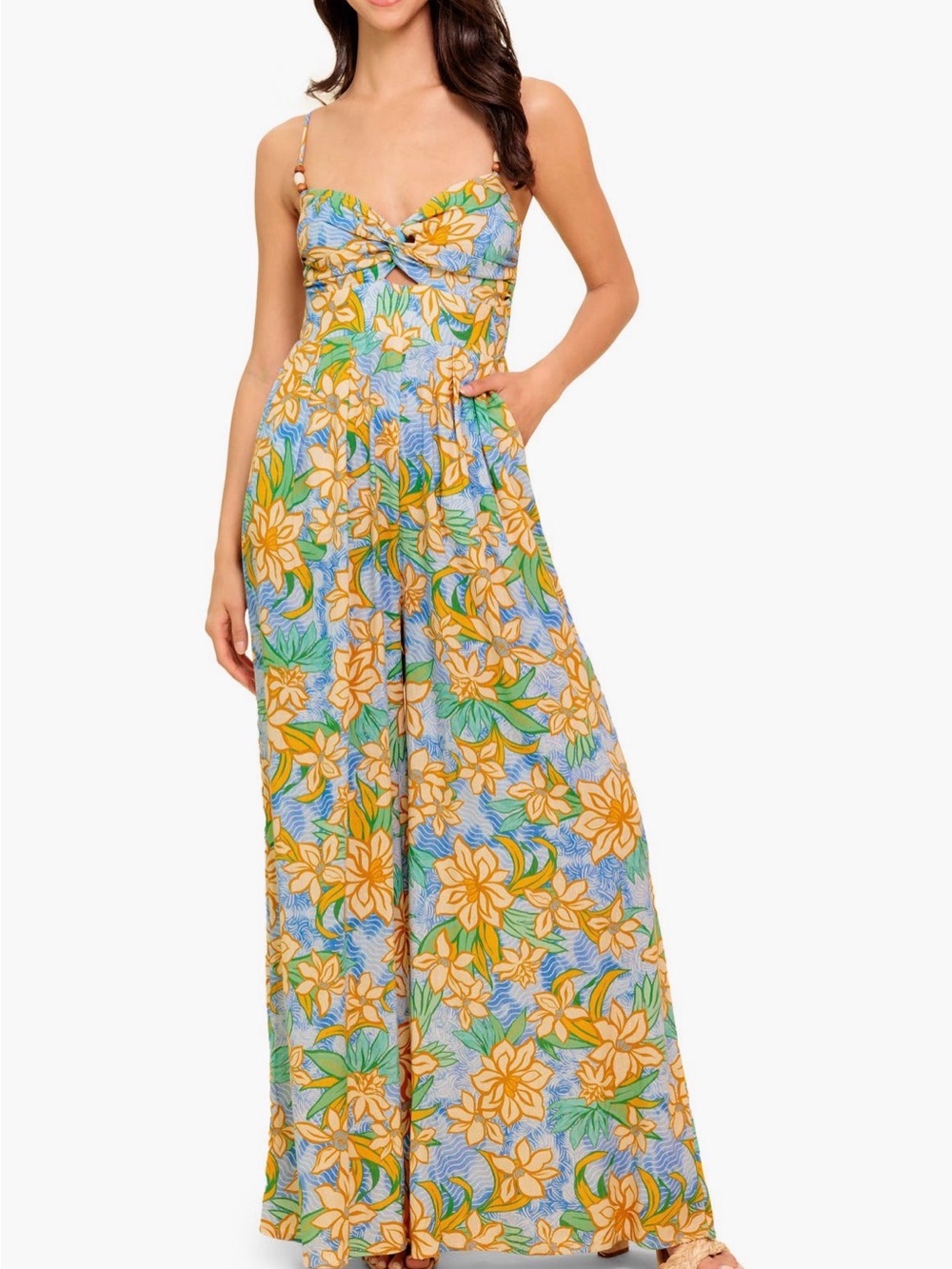 Flying Tomato Yellow & Blue Floral Twist-Front Wide-Leg Jumpsuit